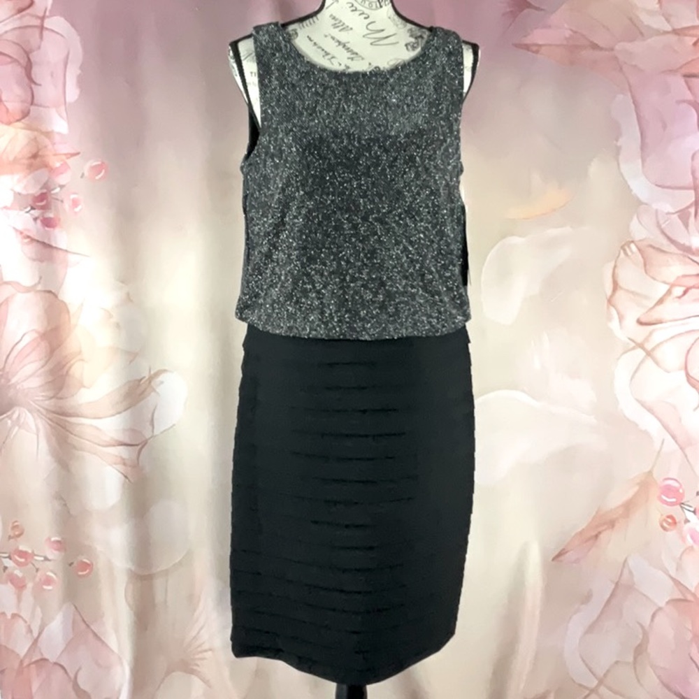 SCARLETT - *NWT* - Black dress with silver threaded geometric design top.